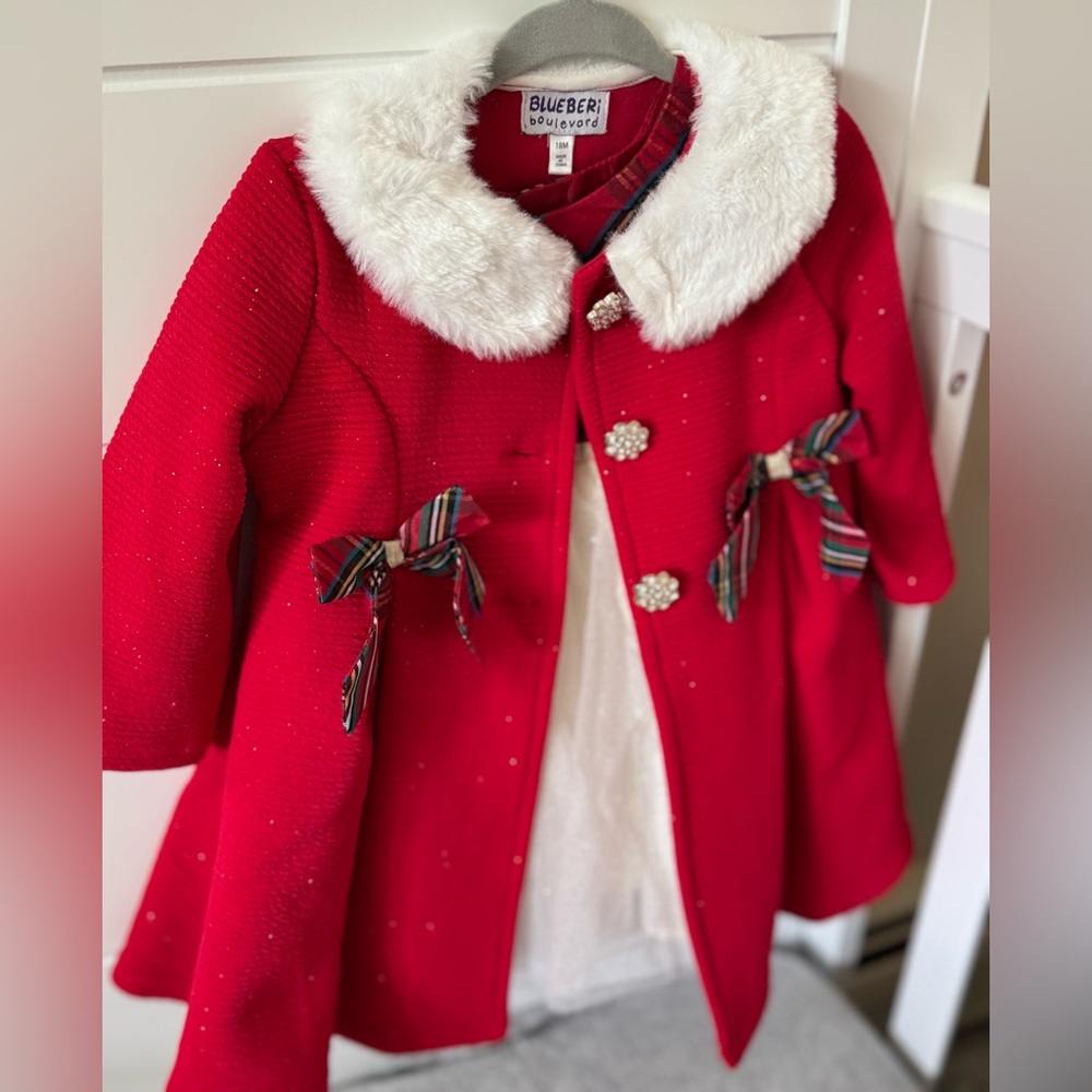 Blueberi Boulevard Christmas Coat with Fur Collar and matching dress 18M BNWT